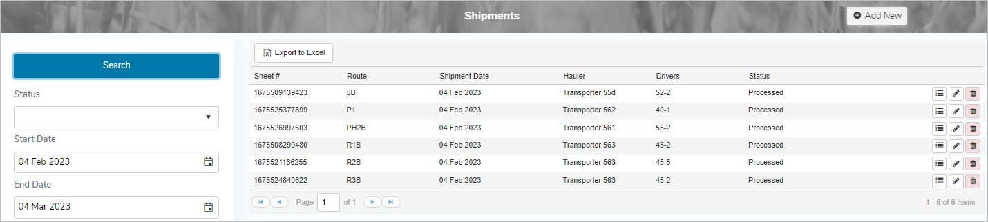 Screenshot of Shipment Search